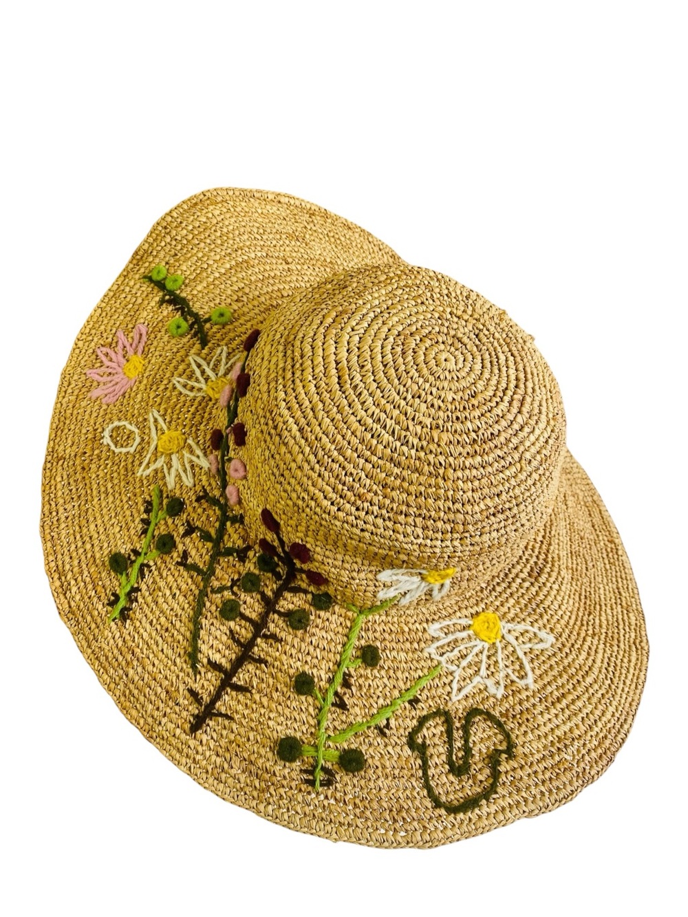 True Religion Embroidered Floral Horseshoe Straw Sun Hat Size S/M